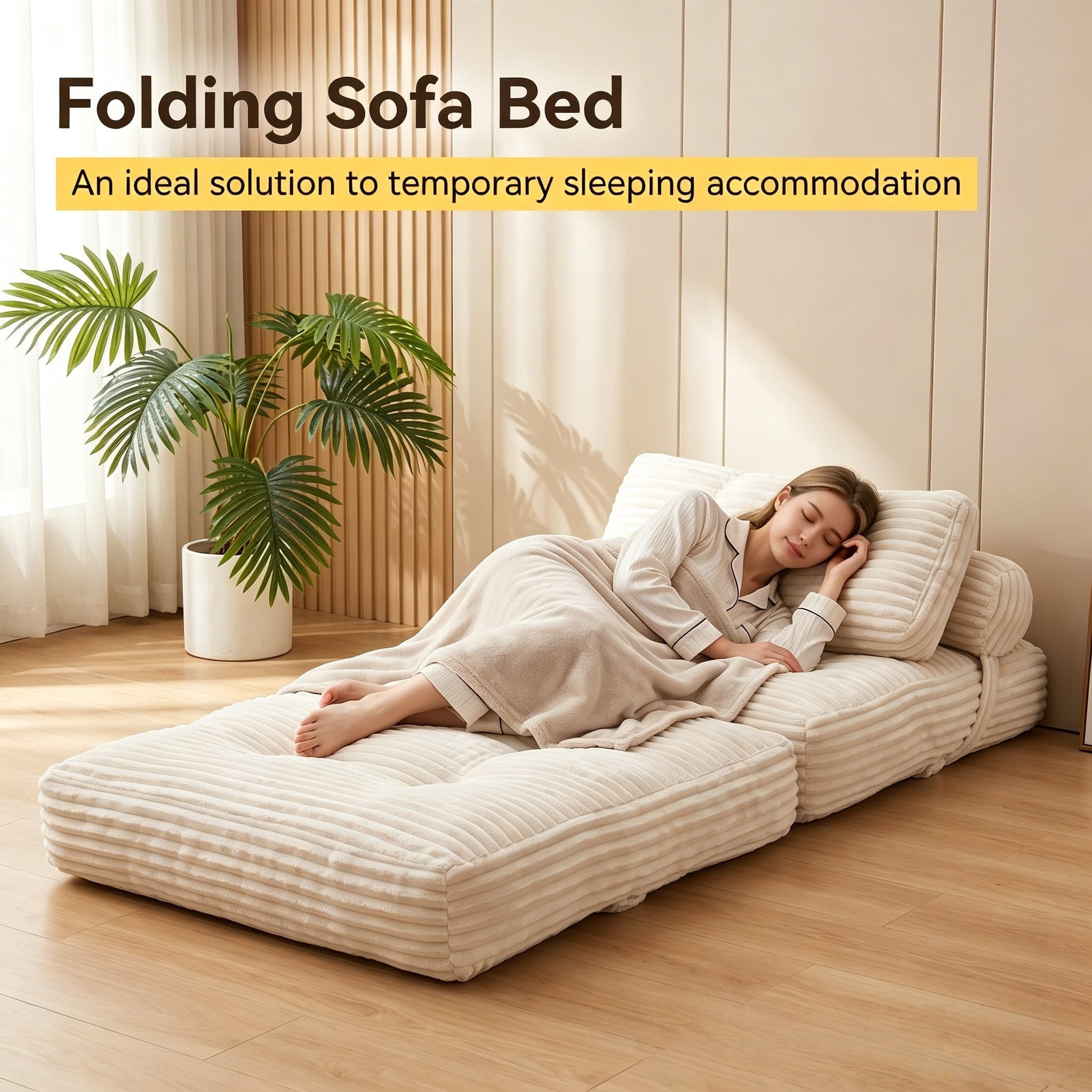 Howcool Corduroy Folding Sofa Bed,3 in 1 Convertible Sleeper Chair with Pillow & Lumbar Pillow,Boneless Floor Sofa Couch Lounge Chair for Living Room Dorm,Beige