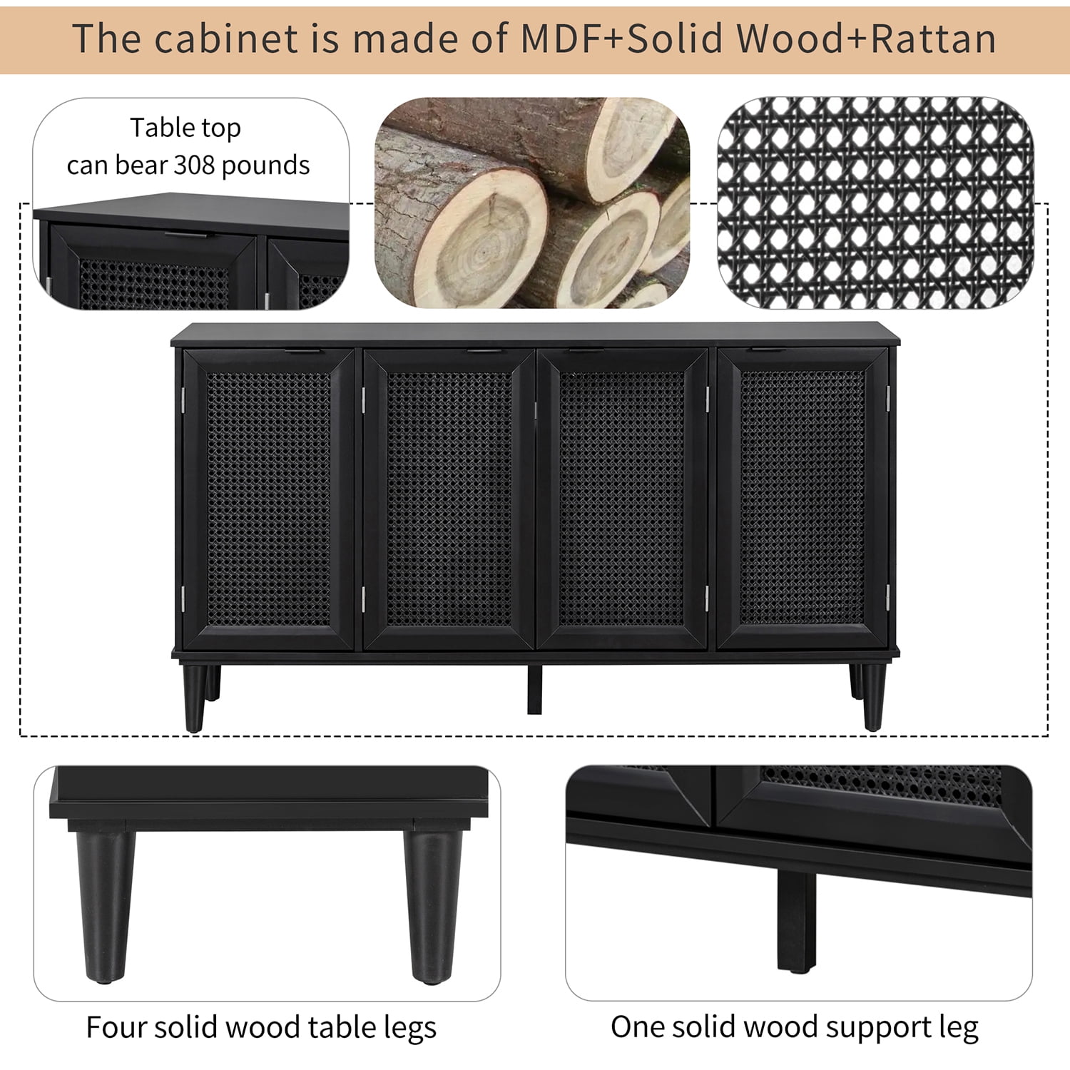 Kepooman Large Floor Storage Cabinet, Storage Space Sideboard for Entryway, Accent Storage Cabinet with Artificial Rattan Door, Black Kepooman Large Floor Storage Cabinet, Storage Space Sideboard for Entryway, Accent Storage Cabinet with Artificial Rattan Door, Black