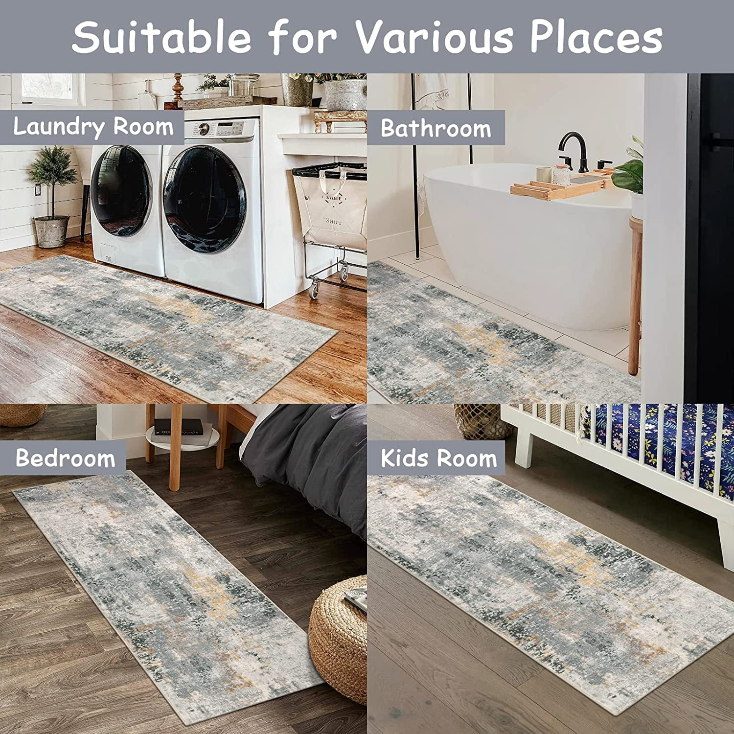 Moynesa 2'x6' Modern Abstract Gray Bathroom Runner Rug,Washable Long Hallway Rug Runner, Soft Non Slip Blue Floor Accent Carpet Runner for Entryway Kitchen Laundry Room Doorway Bedroom