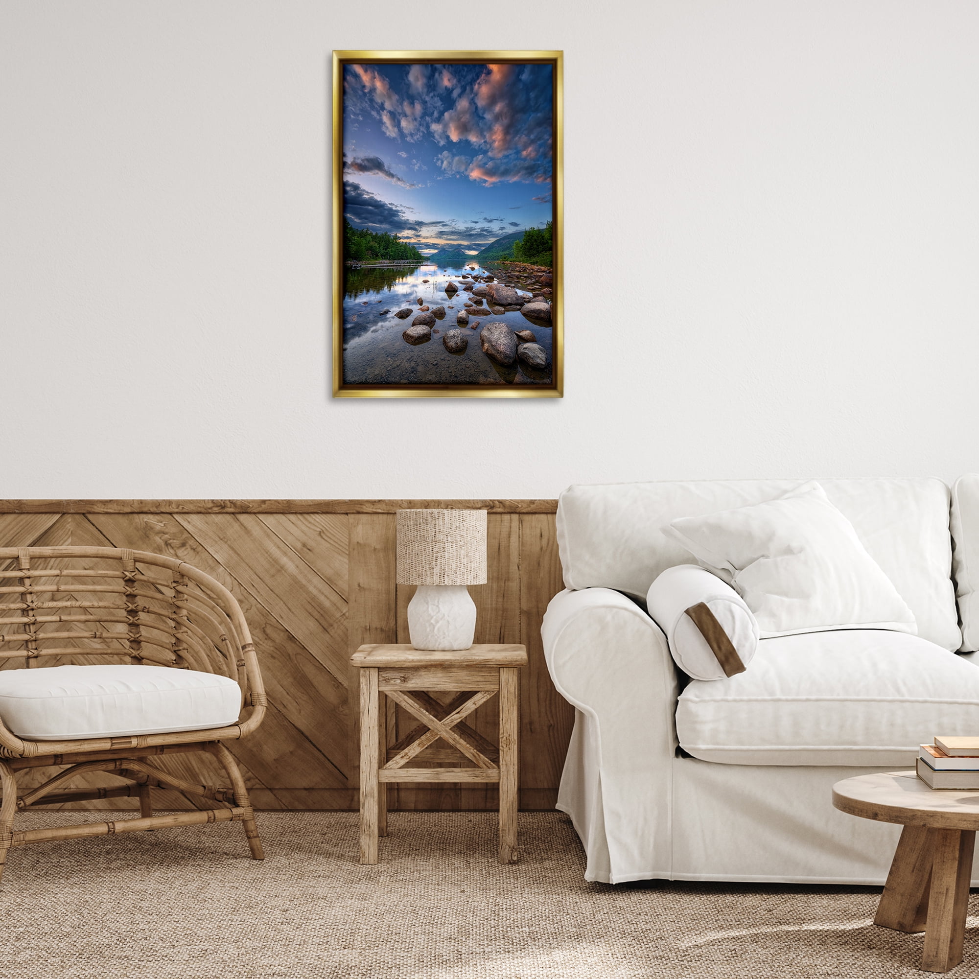 Stupell Industries Rocky Mountainous Shore Landscape & Nature Photography Gold Floater Framed Canvas Art Print Wall Art, 21 x 31