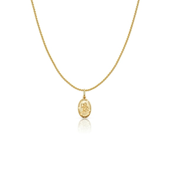 14K Yellow Gold St. Christopher Protect Us Charm Pendant with 0.9mm Wheat Chain Necklace - 16"