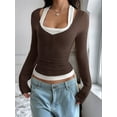 thumbnail image 2 of Women'S Long Sleeve Henley T Shirts Button Ribbed Knit Slim Fit Casual Basic Tops Blouse Coffee Color L, 2 of 5