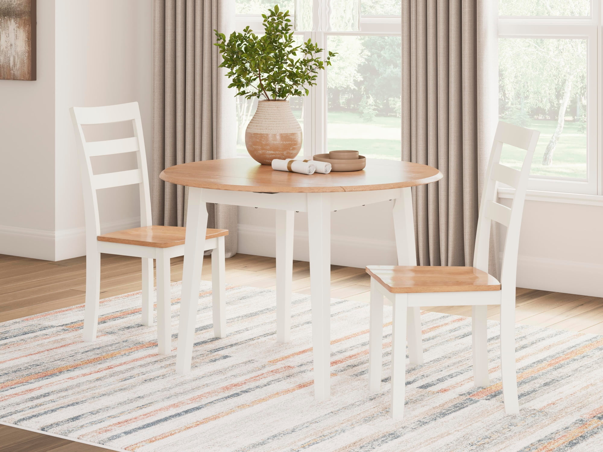 Signature Design by Ashley Gesthaven Round Drop Leaf Dining Table – Natural Wood & White Base, Space-Saving, Contemporary Kitchen & Dining Room Table