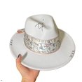 thumbnail image 4 of Sombrero Fedora cosido a mano para hombres y mujeres, gorra de Jazz, cinta de Color, accesorios de Metal, sombrero de fieltro de moda, azul, púrpura, sombrero de iglesia de Panamá, 4 of 4