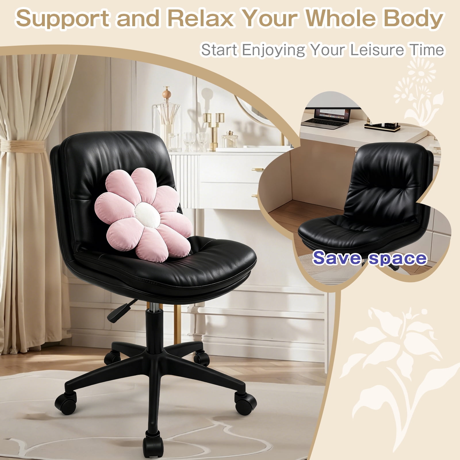 Vanity Chair with Back, PU Leather Swivel Office Desk Chair, Height Adjustable Armless Chair for Small Spaces, Bedroom, Vanity, Home Office Black
