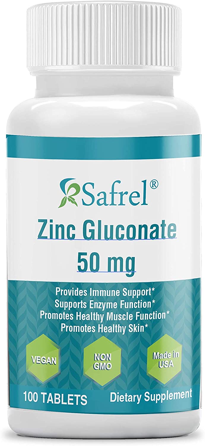 Safrel Zinc Gluconate 50 mg, 100 Tablets - Supports Immune System and Enzymes Function - Promotes Healthy Muscle Function and Skin (100 Servings of Premium, Vegan and Non-GMO Supplement)