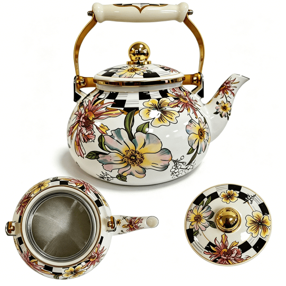 ACDANC Teapot for Stovetop,Vintage Tea Kettle,Floral Tea Kettle-Enamel Coated Stovetop Safe Teapot with Checkered Handle&Gold Accents,Decorative Floral Pattern for Home &