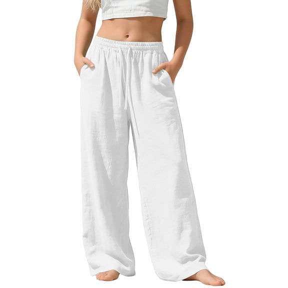 ITSAME Wide Leg Pants for Girls, Cotton Linen Elastic Waist Full Length Loose Casual Pants with Pockets White Size 13