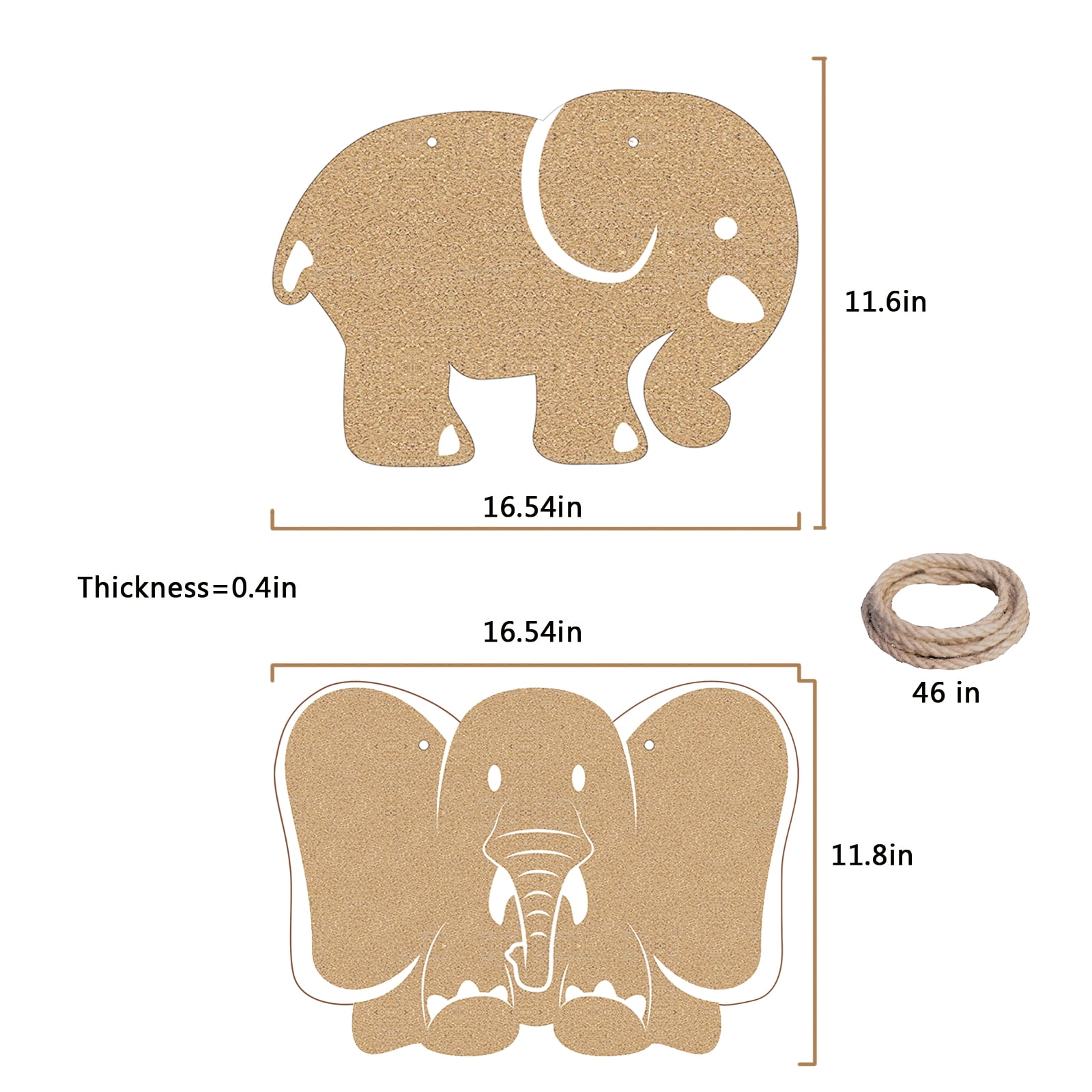 SHOOFFICE Elephant Cork Bulletin Board 2 Pack, 16.5" x 12" Hanging Pin Boards for Walls, Frameless Picture Board with 20Pcs Wooden Pushpins for Office Home Wall Decor