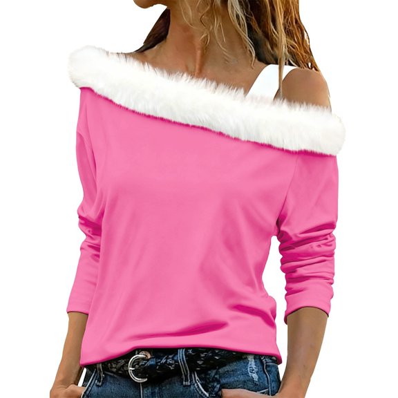 IMENGL Long Sleeve Shirts for Women Casual Fashion Solid Color Shoulder Strap Plush Collar T-Shirt Soft Women's Basic Tee Long Sleeve Tops,Pink
