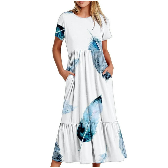 Fankiway Robe Longue d'Été pour Femmes, à la Mode, à Manches Courtes, à Col Rond, Ample, à Dégradé de Couleurs, Robes pour Femmes, Robes pour Femmes Grande Taille en Liquidation