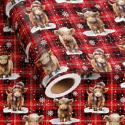 Large Roll 58"x23" Highland Cow Christmas Wrapping Paper - Scottish Cow Design with Red Black Buffalo Plaid, Durable PP Polypropylene Winter Holiday Gift Wrap Suitable for Kids Boys Girls,