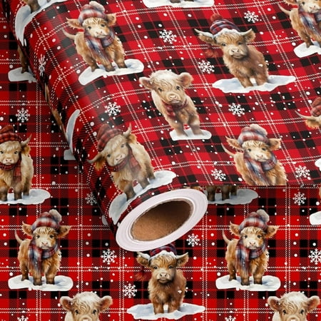 Large Roll 58"x23" Highland Cow Christmas Wrapping Paper - Scottish Cow Design with Red Black Buffalo Plaid, Durable PP Polypropylene Winter Holiday Gift Wrap Suitable for Kids Boys Girls,