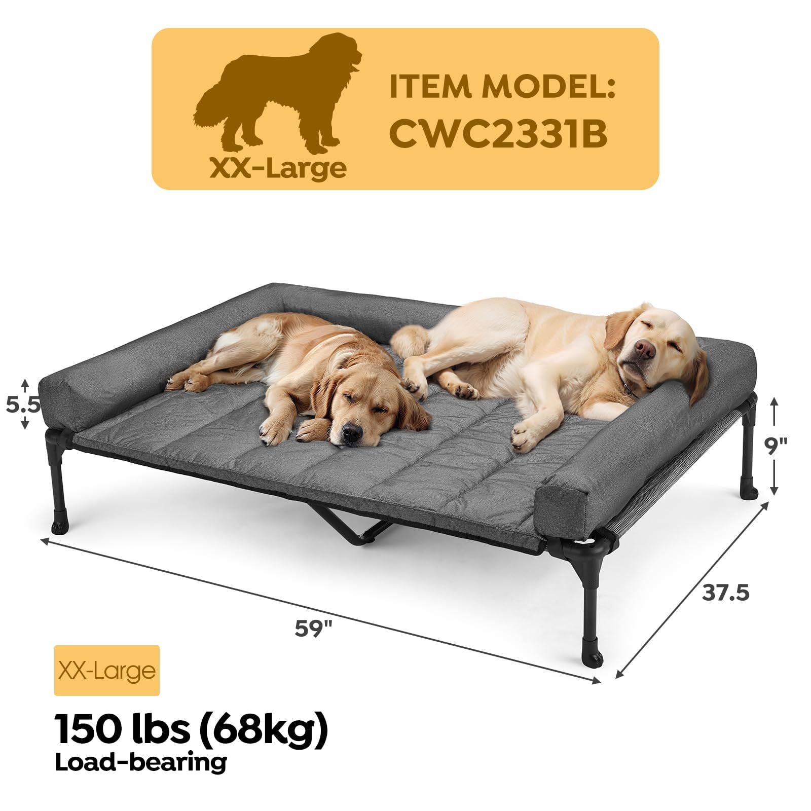 Elevated Dog Bed Add Removable Waterproof Bolster Cushion Mat  Raised Pet With Breathable Teslin Mesh No-slip Feet Sofa For Indoor Outdoor Xxlarge Black