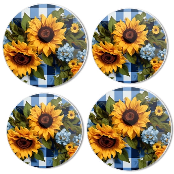 Bahomeck Electric Stove Burner Covers Set Of 4,Blue And White Gingham Background With Sunflowers Metal Gas Stove Burner Covers,Protecting Gas Stoves,8 Inch And 10 Inch