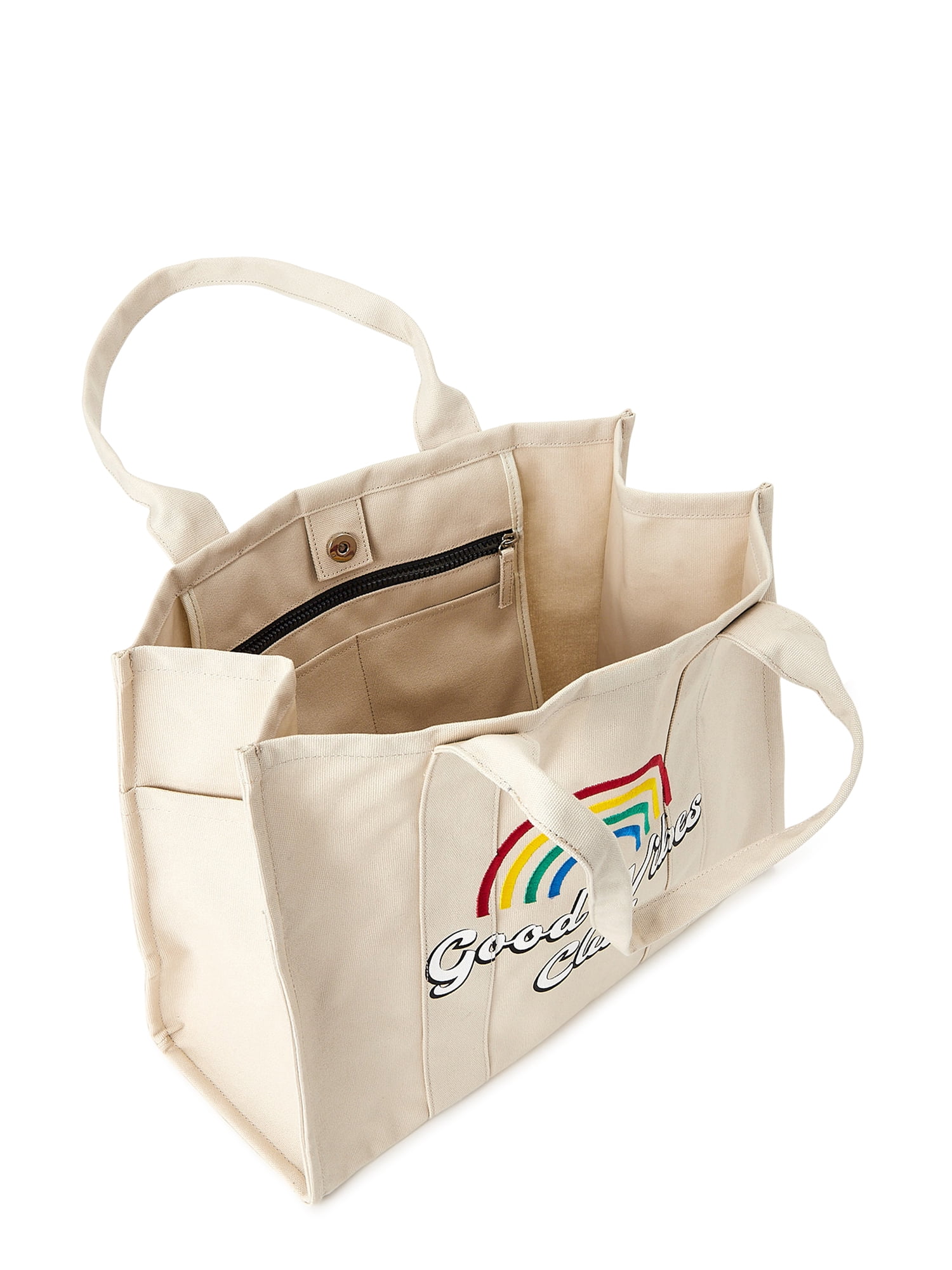 Time and Tru Women's Elevated Canvas Tote Bag Papyrus Beige Good Vibes Club