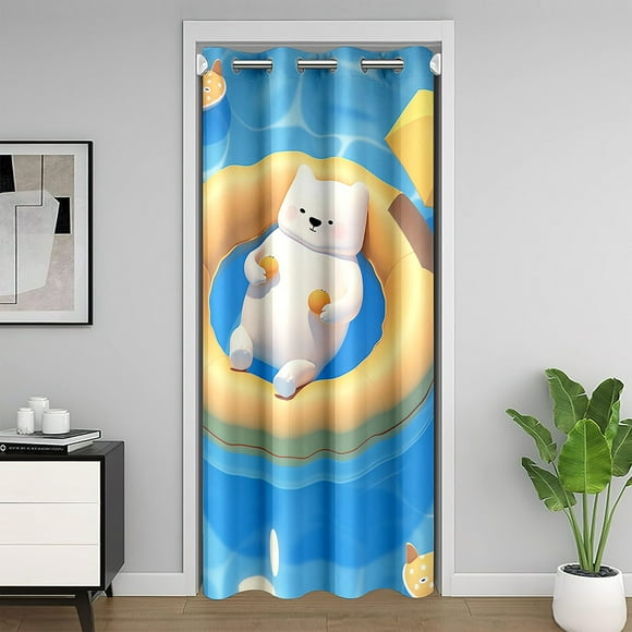 Kids Cute Bear Door Curtain For Doorway Privacy 59"W X 80"L Kawaii White Bear Blackout Curtain Swimming Pool Door Drape For Child Cartoon Animal Vacation Room Divider Curtain,Blue Yellow Closet Door