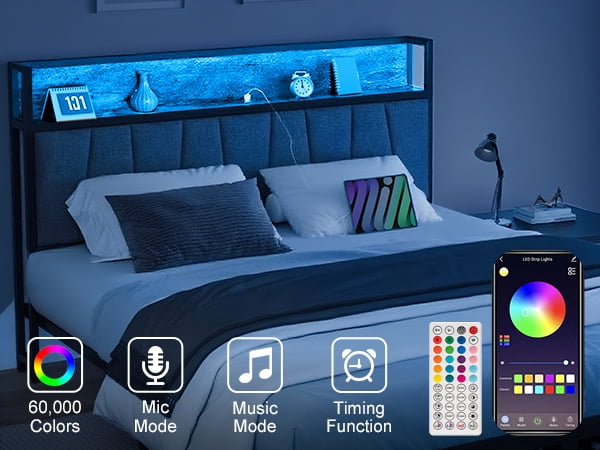 All-in-One Queen Bed: Integrated Charging, Ambient Lighting, and Functional Drawers,Modern Queen Bed Frame: Power-Ready Headboard, Illuminated Design, and Under-Bed Storage