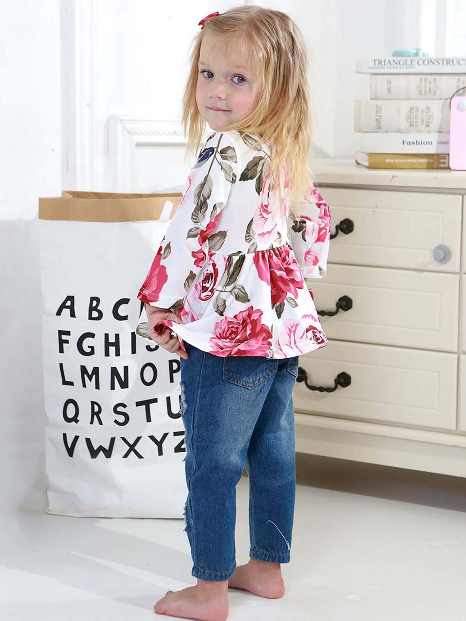 CARETOO Girl Clothes Outfits Toddler Baby Ruffle Sleeve Floral T-Shirt Tops Ripped Jeans Pants Set