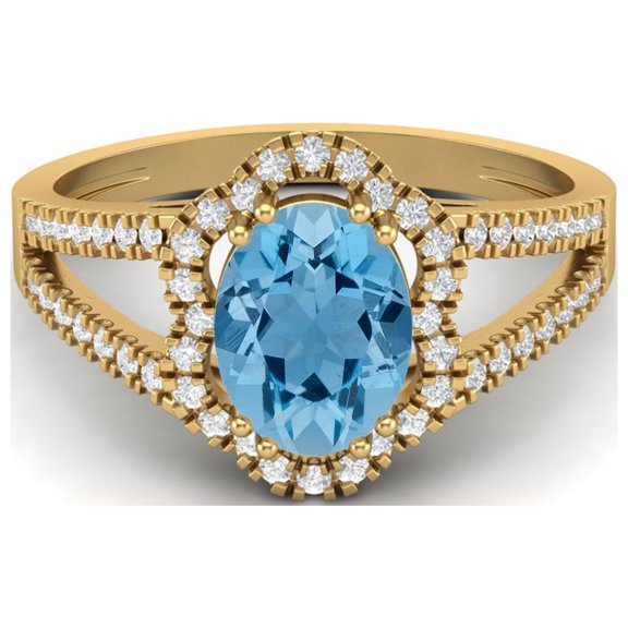 2.56 cts Swiss Blue Topaz Split Shank 925 Sterling Silver Gold Vermeil Solitaire Halo Mother's Day Gift Ring