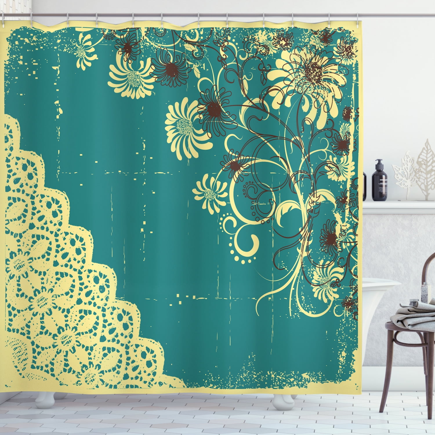 Ambesonne Abstract Shower Curtain, Retro Flora Lace Frame, 69"Wx75"L