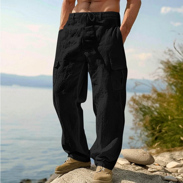 Pantalones largos de poliéster para hombre, de moda, de color liso, con múltiples bolsillos, con cordón y estilo informal.