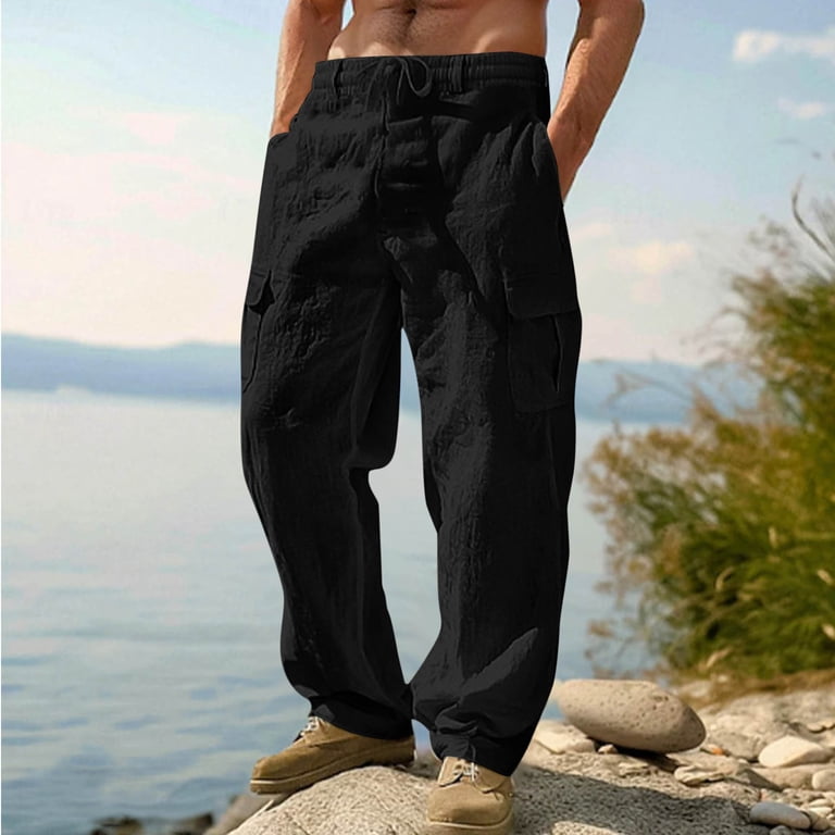 Enjoytime Casual Pants for Men Solid Color Cotton Linen Drawstring