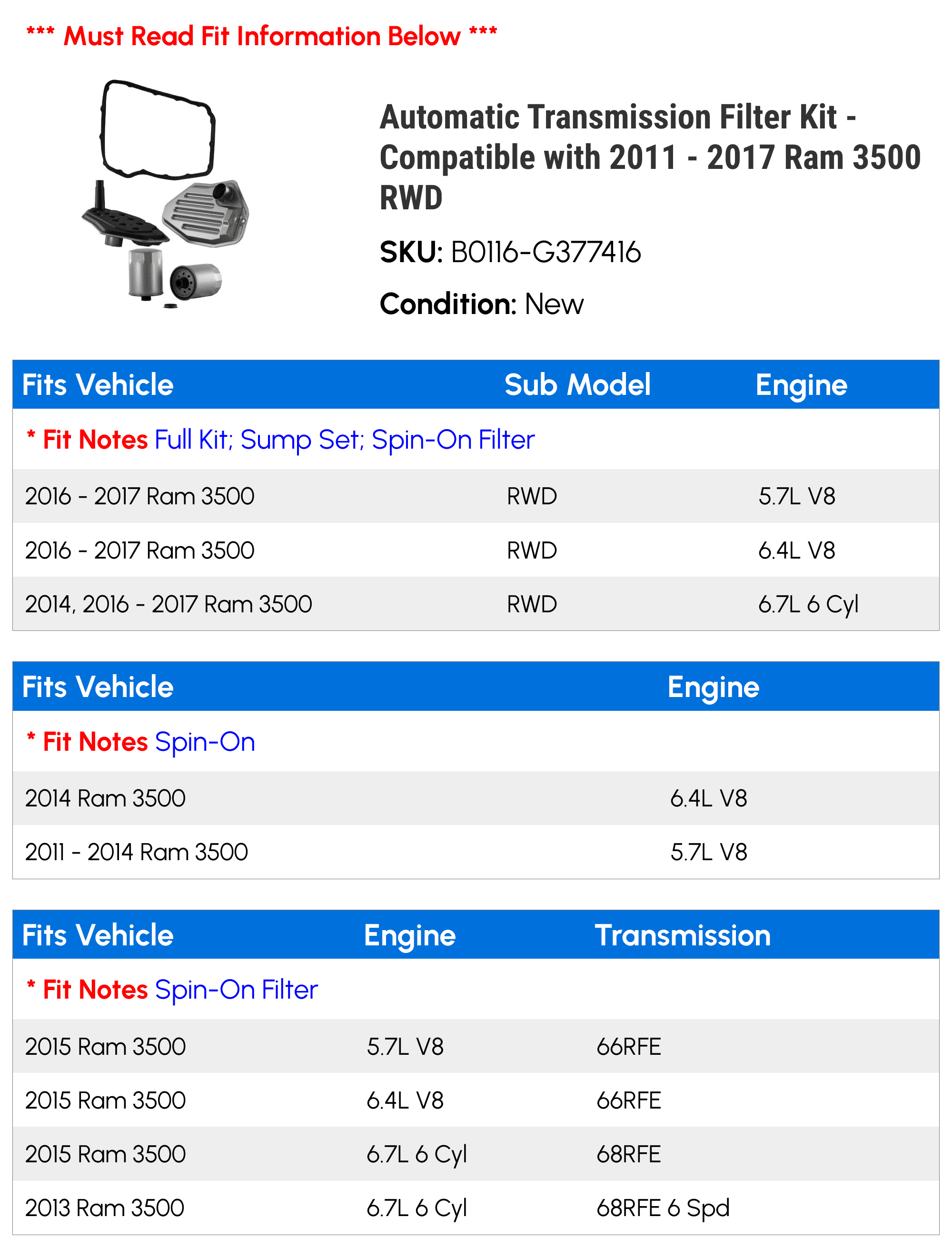Automatic Transmission Filter Kit - Compatible with 2011 - 2017 Ram 3500 RWD 2012 2013 2014 2015 2016