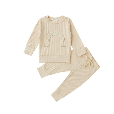 

QWERTYU Newborn Infant Baby Toddler Girl Boy Outfit Clothing Set Long Sleeve Pullover Sweatshirt and Drawstring Pants Set Beige