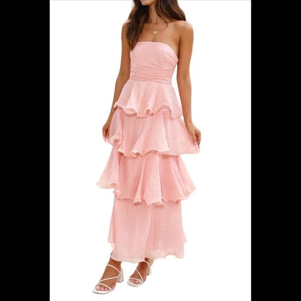 Vestido de Verano Sin Tirantes para Mujer, con Volantes, , Liso, Espalda Descubierta, Fruncido, Elegante, Fluido, para Playa. Rosa S