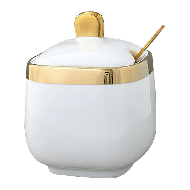 Piwvid Ceramic Sugar Bowl ContainerwithLid and Spoon - Stylish Seasoning Box, Ceramic Condiment Pot Jar for Countertop, Airtight Storage for Sugar, Salt, Spices, and Condiments