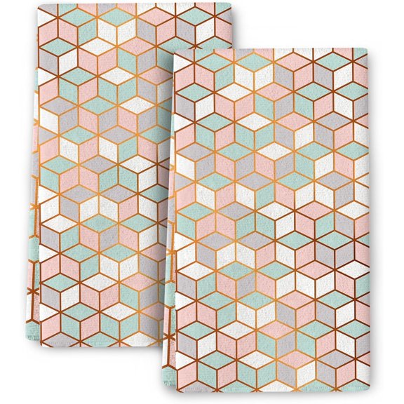 Set of 2 Pink Green Geometric Kitchen Towels Decorative Abstract Modern Dish Towels, Absorbent Hand Towels Tea Towels for Kitchen Decor, Farmhouse Holiday Home Dish Cloths