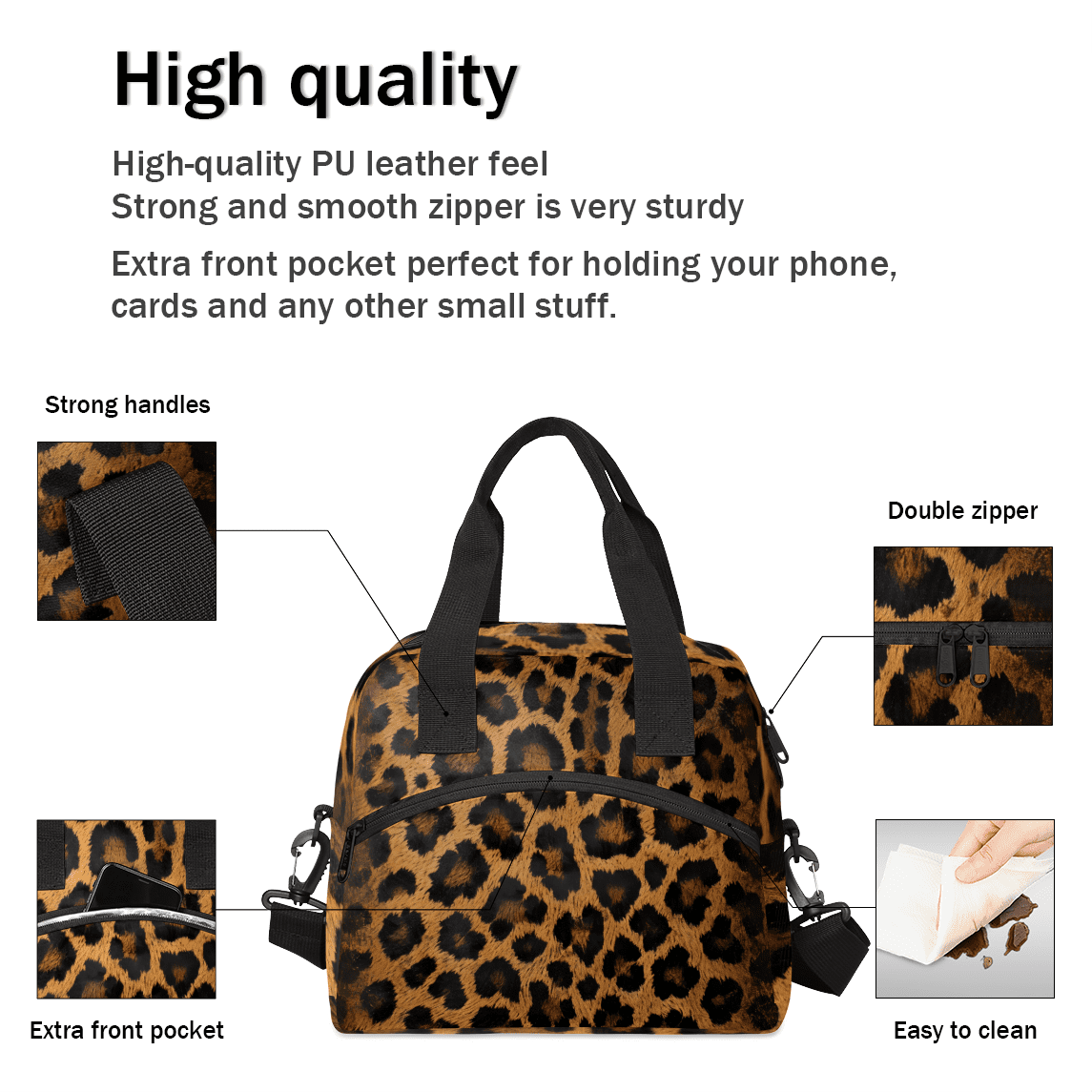 Herdesigns Leopard Print Insulated Lunch Bag for Women Men Adults Large Reusable Lunch Box Wild Safari Skin Pattern Leakproof Cooler Tote Bags with Adjustable Shoulder Strap