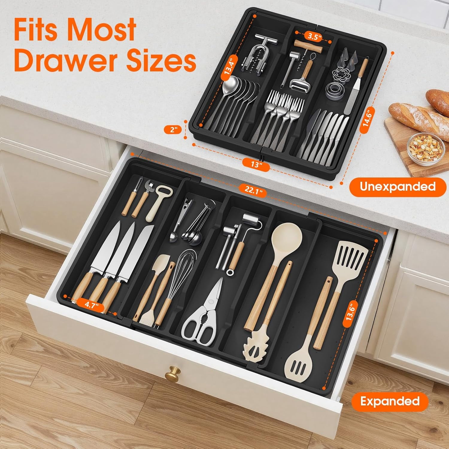 Silverware Organizer, Expandable Utensil Drawer Organizer for Kitchen Drawers, Kitchen Drawer Organizer for Spoons/Forks/Knives, Multipurpose & BPA Free Cutlery Tray, Black, 2 Pack