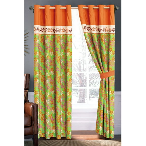 4-Pc Flocking Floral Embroidery Curtain Set Orange Green Ivory Sheer Liner Metal Grommet Drape