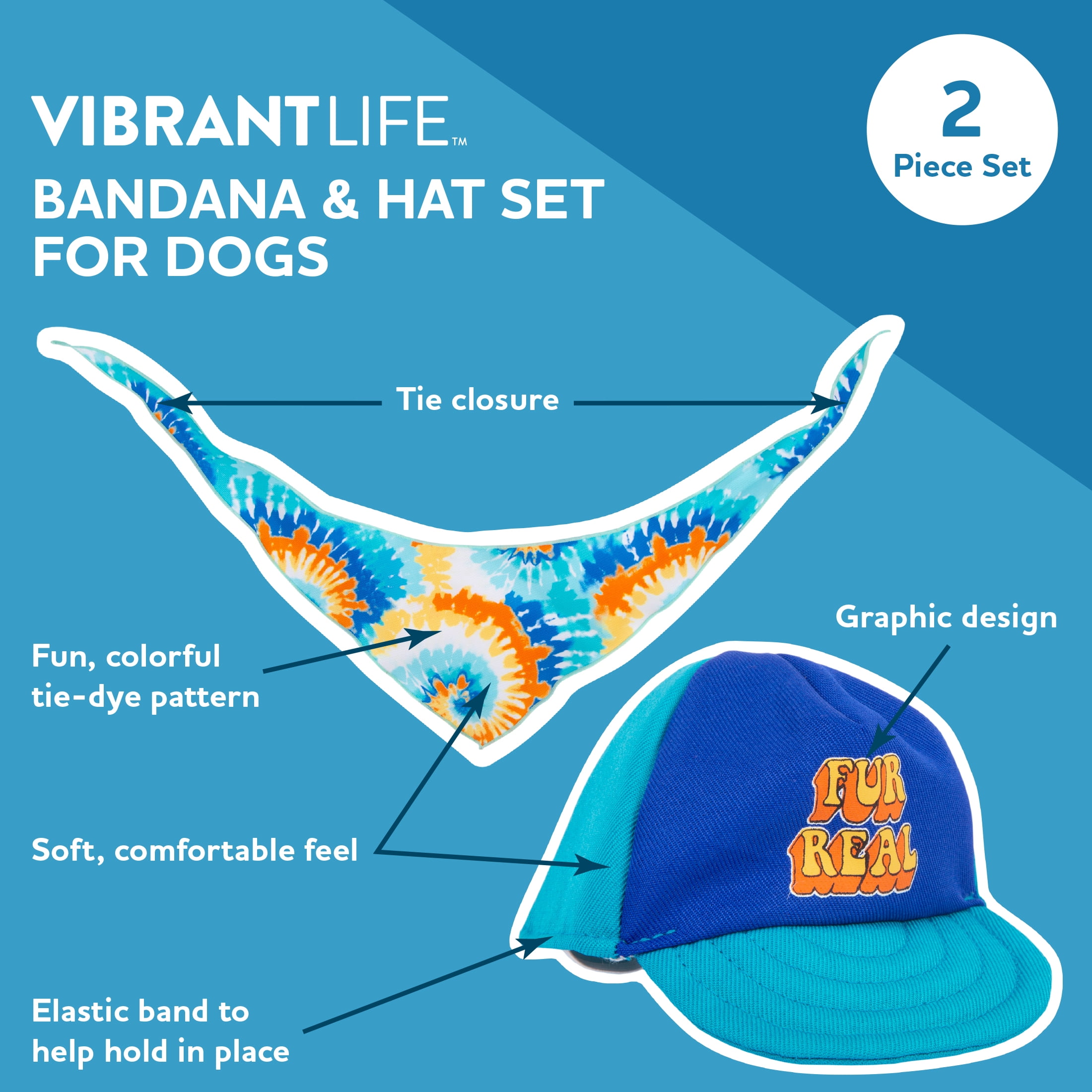 Vibrant Life, Dog Clothes, Tie Dye Swirl Pet Hat and Bandana Set, Multi-Color, O/S