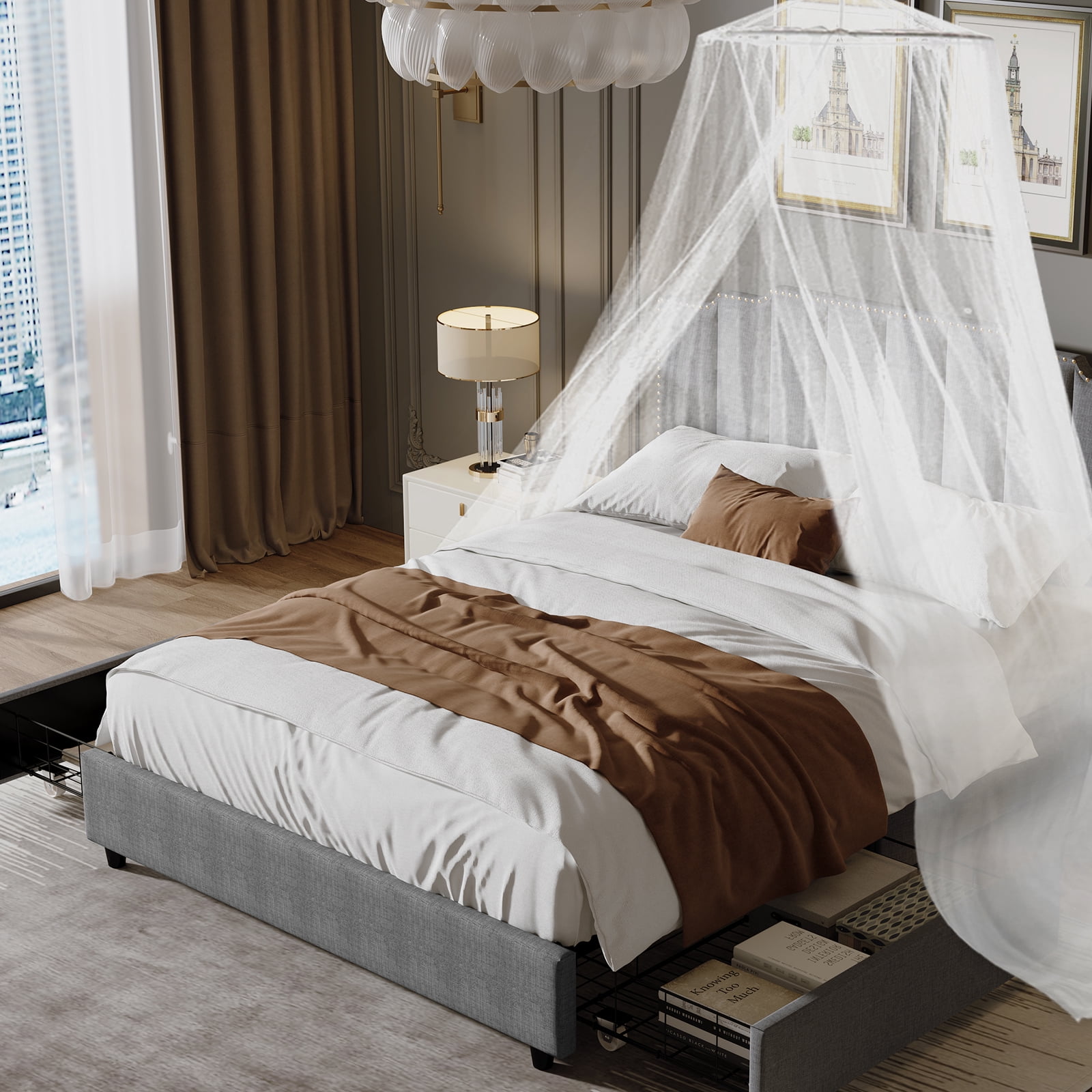 Euroco Upholstered Platform Bed with Soft Headboard, Queen Size, Gray