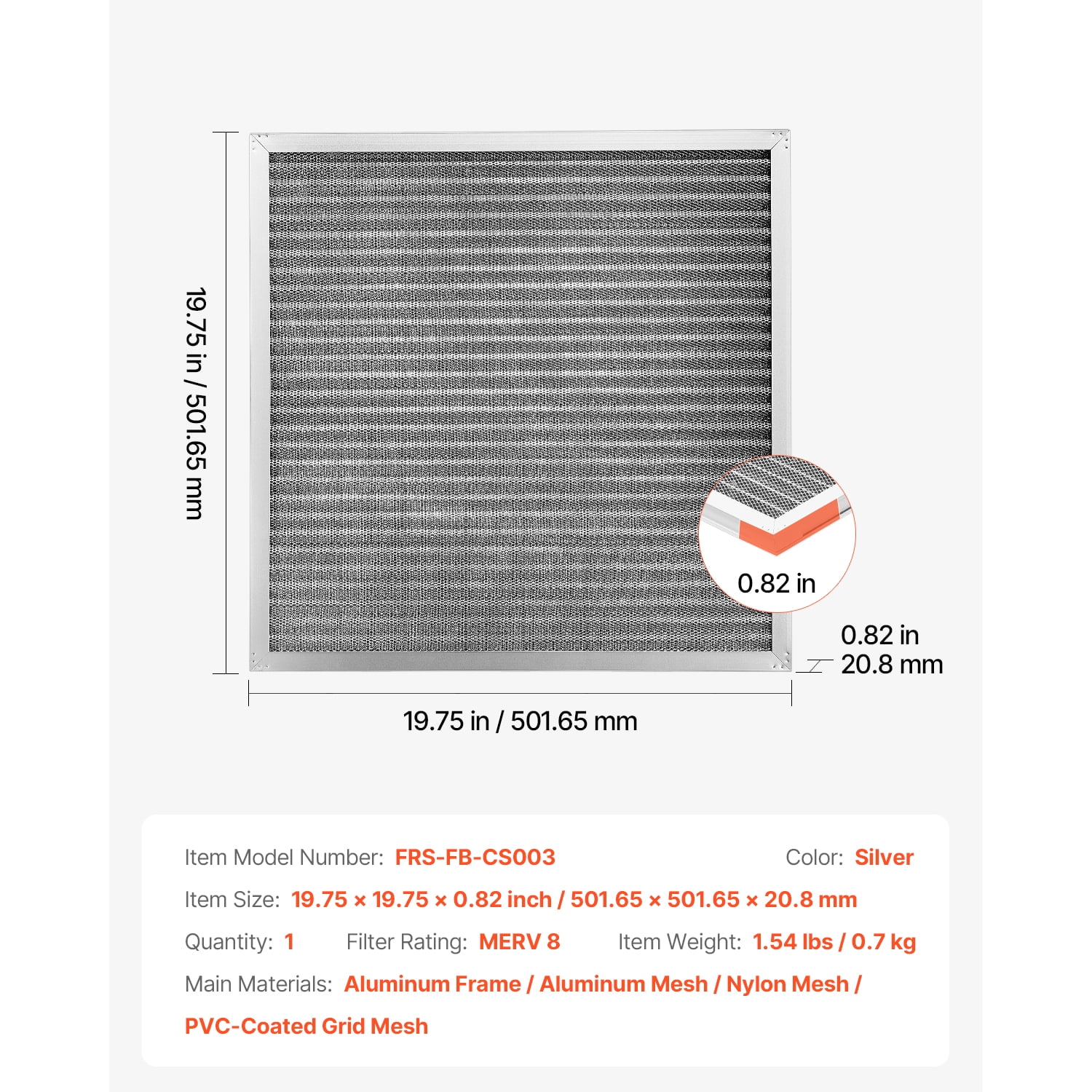 KFFKFF Air Purifier Filter, 20x20x1 inch, Recyclable Aluminum AC/HVAC Filter, MERV 8, Durable, Promotes Healthier Living Spaces (Actual Dimensions: 19.75 x 19.75 x 0.82 in)