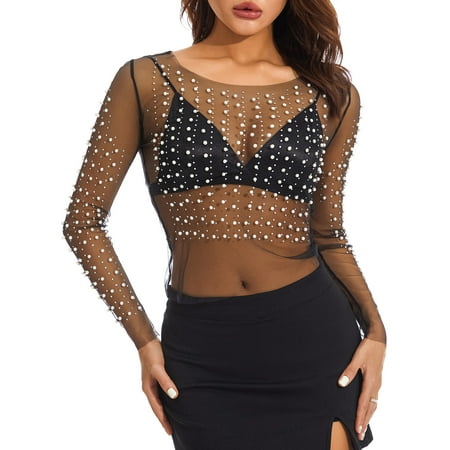 Sunisery Women Rhinestone Pearl Mesh Top Long Sleeve See Through Glitter Crop Top T Shirt Beach Cover Up