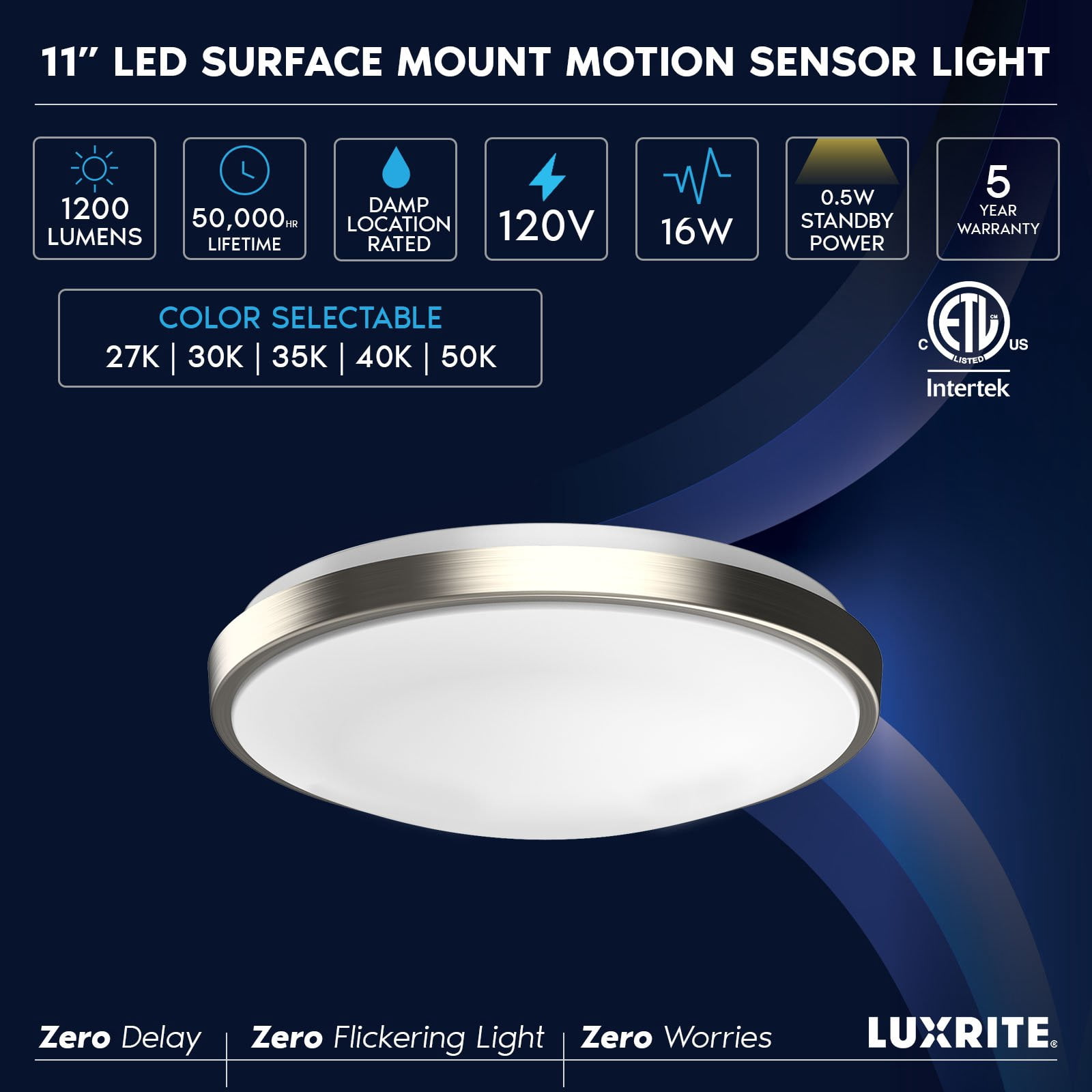 Luxrite Motion Sensor LED Flush Mount Ceiling Light, 11 Inch, 5CCT 2700K-5000K, 16W, 1200 Lumens, ETL