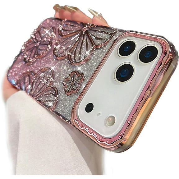 for iPhone 17 Pro Max Plating Case with Bling 3D Floral Pattern, Girls Woman Cute Soft TPU Silicone Gradient Glitter Sparkly Case Shockproof Protective Cover for iPhone 17 Pro Max 6.9", Pink