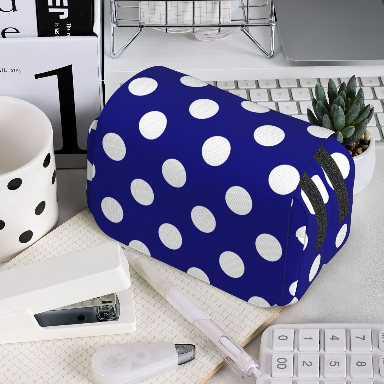 Rateoe Navy And White Polka Dot Pattern Double Clamshell Pen Case, Storage Organizer with Two Zipper Compartments– Holds Up to 50 Pencils & Pens