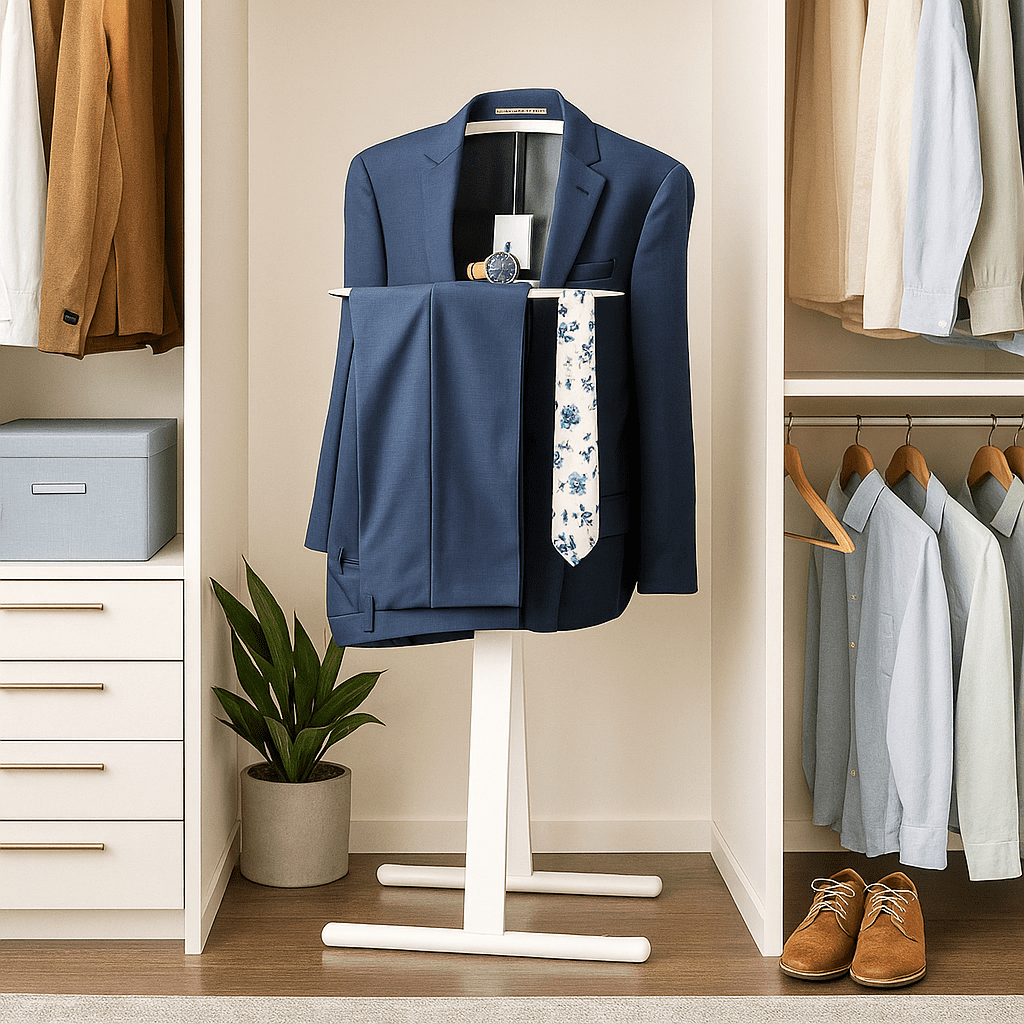 Proman Products Modern Decorative Valet Stand with Bend Wood Hanger - White
