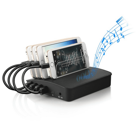 Bluetooth Dock - 4 Port Universal Desktop Charger Dock USB Charging Station with Built-in Bluetooth Wireless Speakers - Black