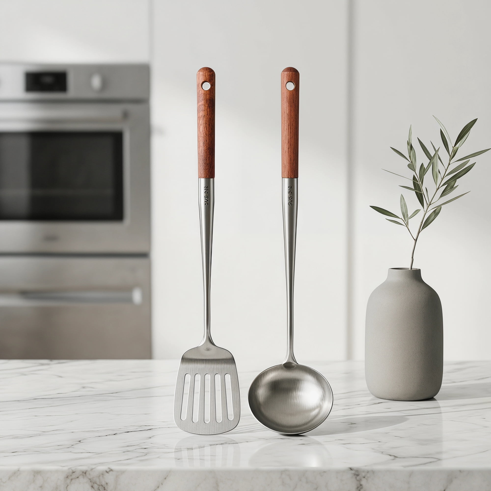 Unique Bargains Cooking Utensil Set, Stainless Steel Kitchen Gadgets Brown F 2pcs