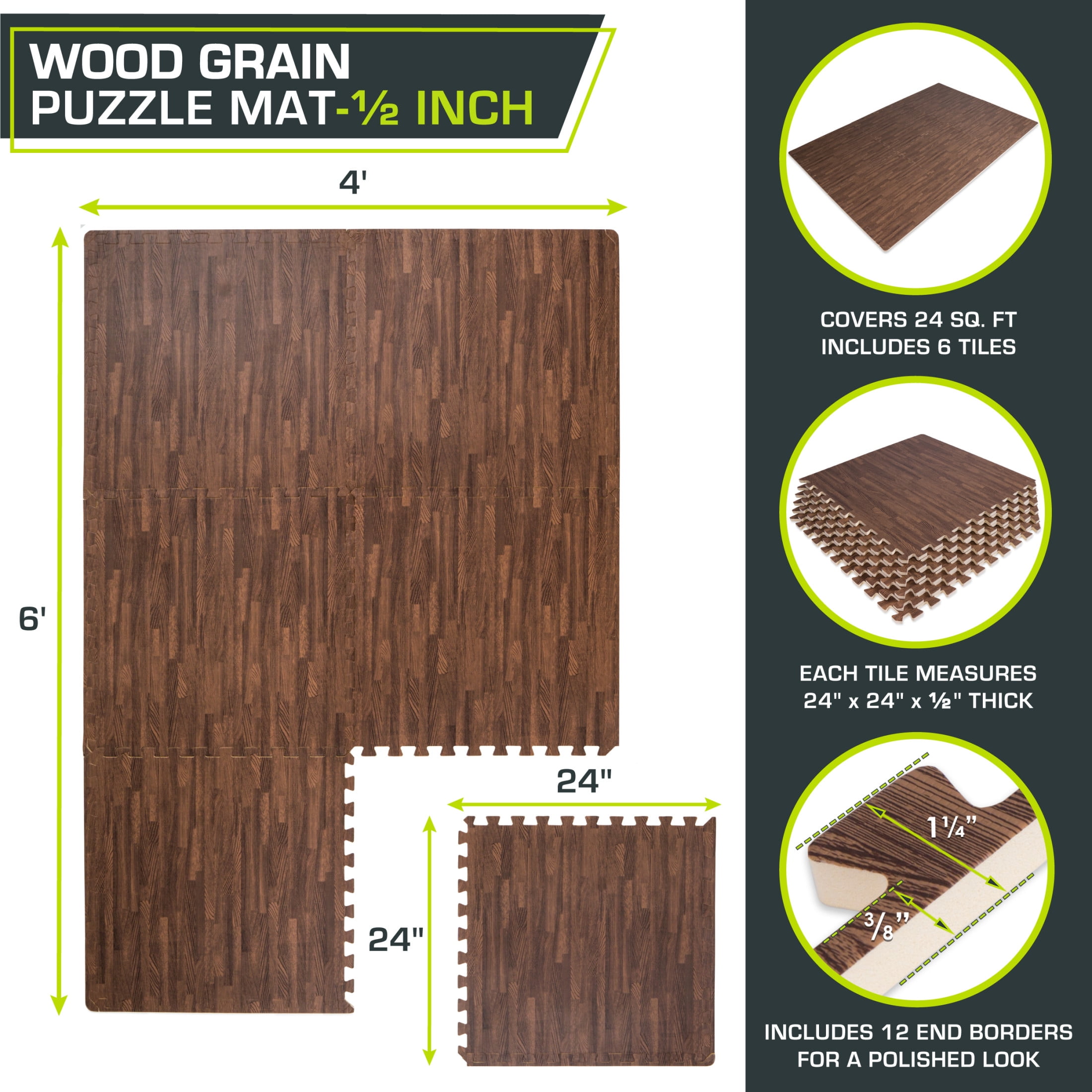 ProsourceFit Wood-Grain Puzzle Mat, 1/2" Thick EVA Foam Interlocking Floor Tiles