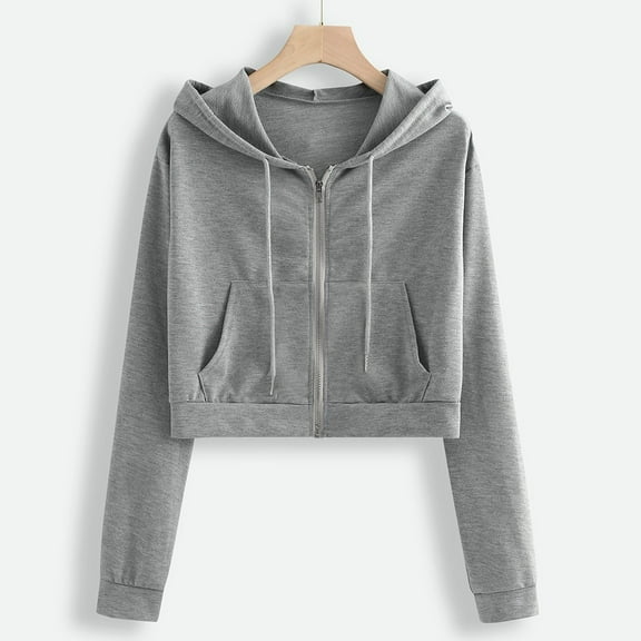 thefmos Women Fall Winter Hooded Zip Up Crop Top Casual Basic Solid Trendy Pullover Hoodie Sweatshirt for Women Trendy Streetwear Outfits, Gray M