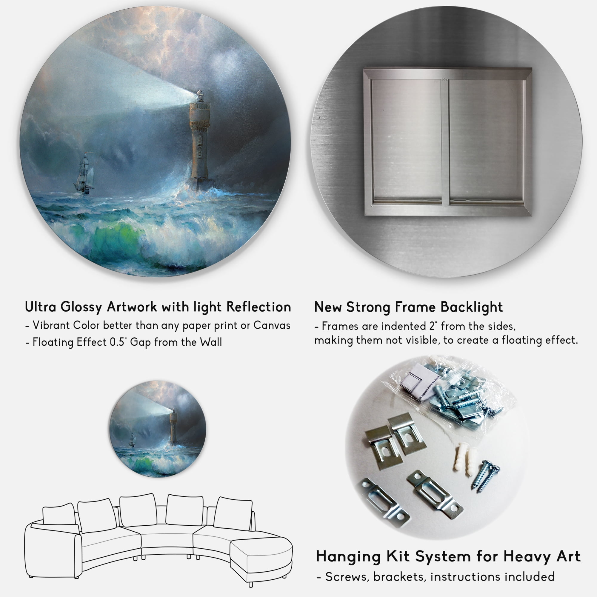 Designart 'Lighthouse Shining Light During Stormy Clouds Night II' Nautical & Coastal Circle Metal Wall Art 23x23 - Disc of 23