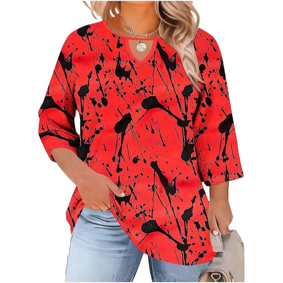 Crewneck Top with Cutout For Women Plus Size Three-Quarter Sleeve Free-Position Print Casual Base Layer T-Shirt
