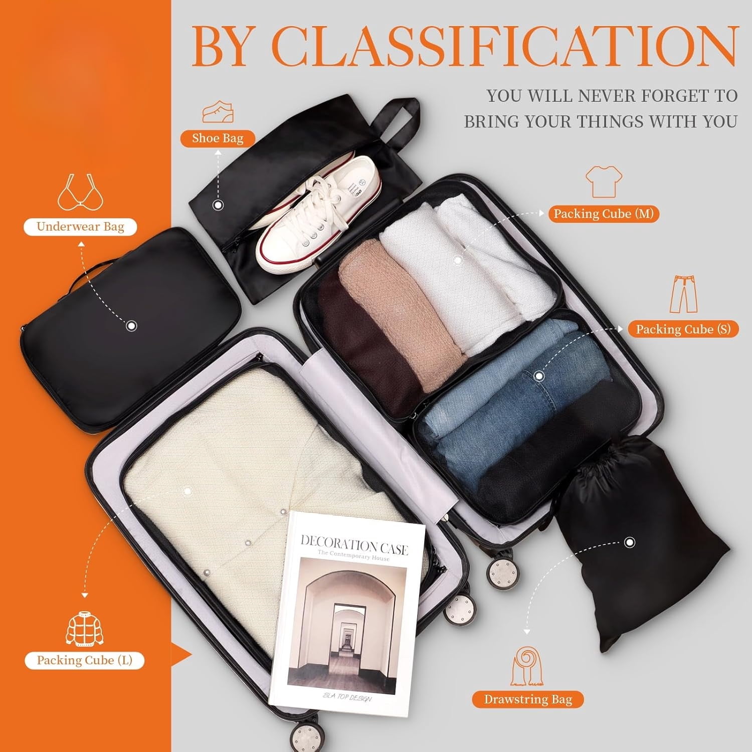 6-Piece Packing Cubes for Suitcases – Lightweight Travel Organizer Set, Space-Saving – 3 Mesh Bags + Shoe Bag + Drawstring + Underwear Bag – Black – 16.5"L x 12.6"W x 4.7"H